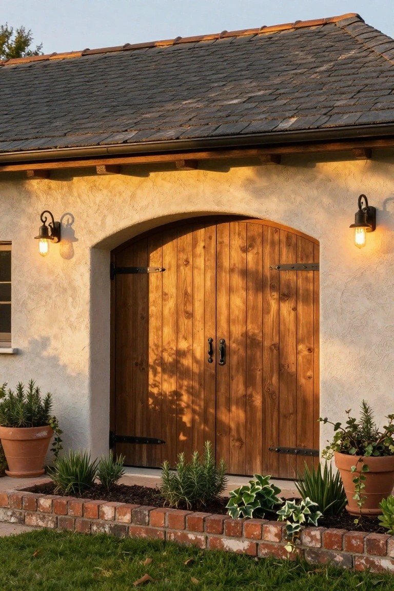 Beige stucco garage facade with double arched wooden plank doors, black metal hinges and handles, flanked by black lantern lights, potted plants nearby, and brick-edged garden bed on grass.