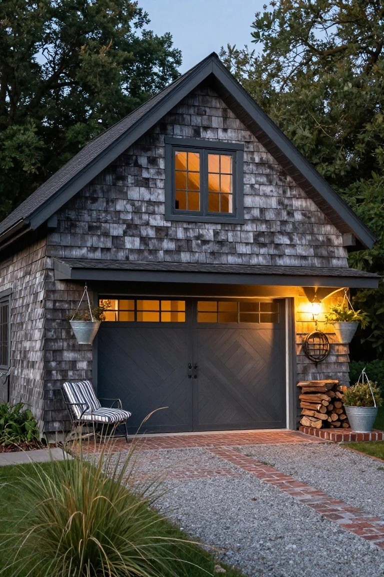 Dark gray shingle-sided gabled garage with double dark gray garage doors, lit windows, hanging plants, Adirondack chair, firewood stack, and gravel driveway surrounded by trees and grass at dusk.