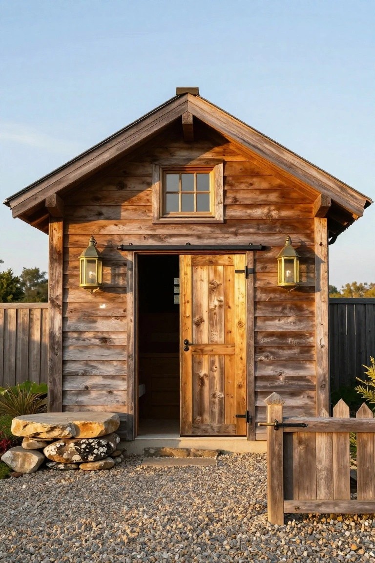 Small gabled wooden garage with open double barn doors, flanked by hanging lanterns, weathered plank siding, gravel front yard, stacked rocks, plants, and wooden picket fence.