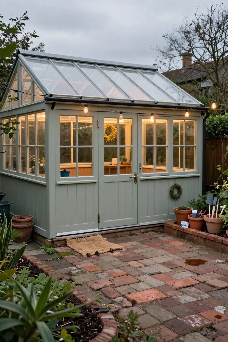 Sage green wooden-framed greenhouse with multiple glass-paneled walls and an apex glass roof in a backyard, lit by string lights and surrounded by potted plants on a brick patio.