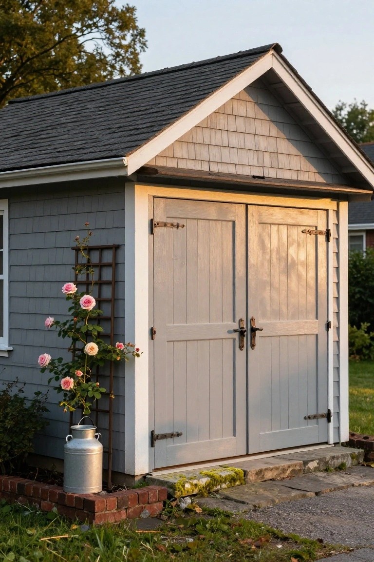 Gray shingle-sided cottage garage with gabled roof, double gray wooden doors, pink climbing roses on a metal trellis, a silver milk can, brick edging, and stone steps in front.