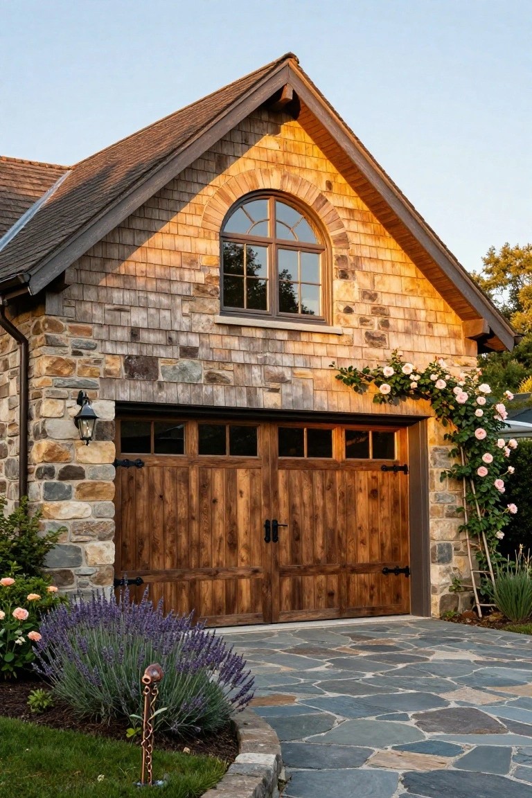 Cedar shingle garage with stone foundation, wooden double doors, arched window, lantern light, climbing roses, lavender plants, and flagstone walkway in front.