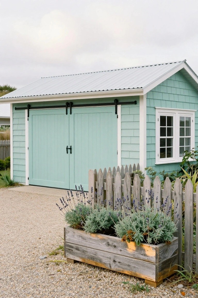 Light turquoise clapboard garage with double dark teal sliding barn doors, white-trimmed window, corrugated metal roof, gray picket fence, and wooden planter box with lavender plants beside a gravel driveway.