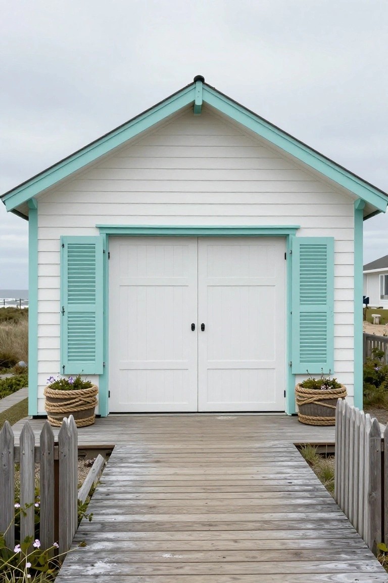 White wooden garage building with teal shutters and trim around double white doors, flanked by large rope baskets holding flowers, wooden boardwalk path leading up, beach grass and ocean in background.