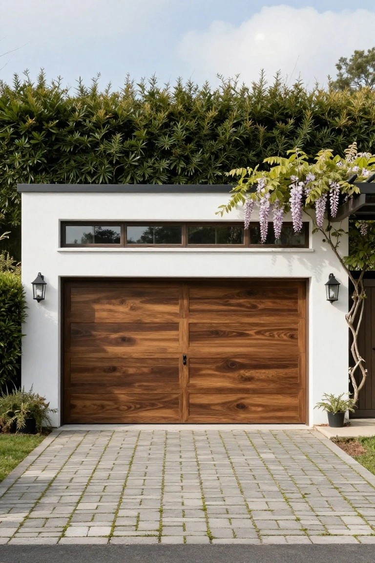 White modern garage structure with double walnut wood doors, flanked by wall lanterns, wisteria vine on the side, green hedges in background, potted plants, and cobblestone driveway.