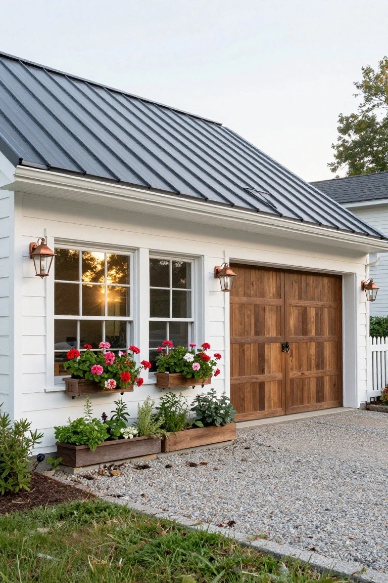 White clapboard detached garage with dark wooden double doors, two multipane windows with pink geranium flower boxes, copper lanterns, dark metal standing-seam roof, wooden planter boxes with herbs on gravel driveway apron.