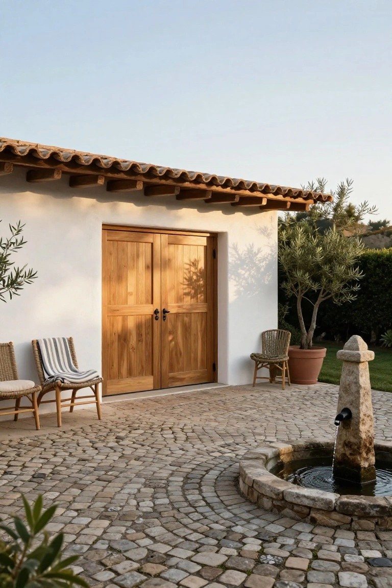White stucco garage building with double wooden doors, rattan chairs draped with a towel on cobblestone patio, olive trees, and stone fountain with water flowing.