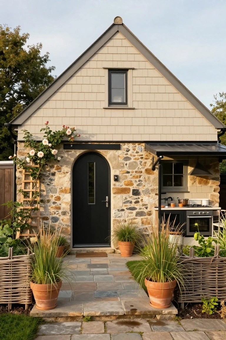 Small cottage exterior with beige shingled upper walls over a stone base, arched black front door, climbing roses on a trellis to the left, large terracotta pots with grasses flanking stone steps, and an outdoor kitchen under a metal-roofed awning to the right.