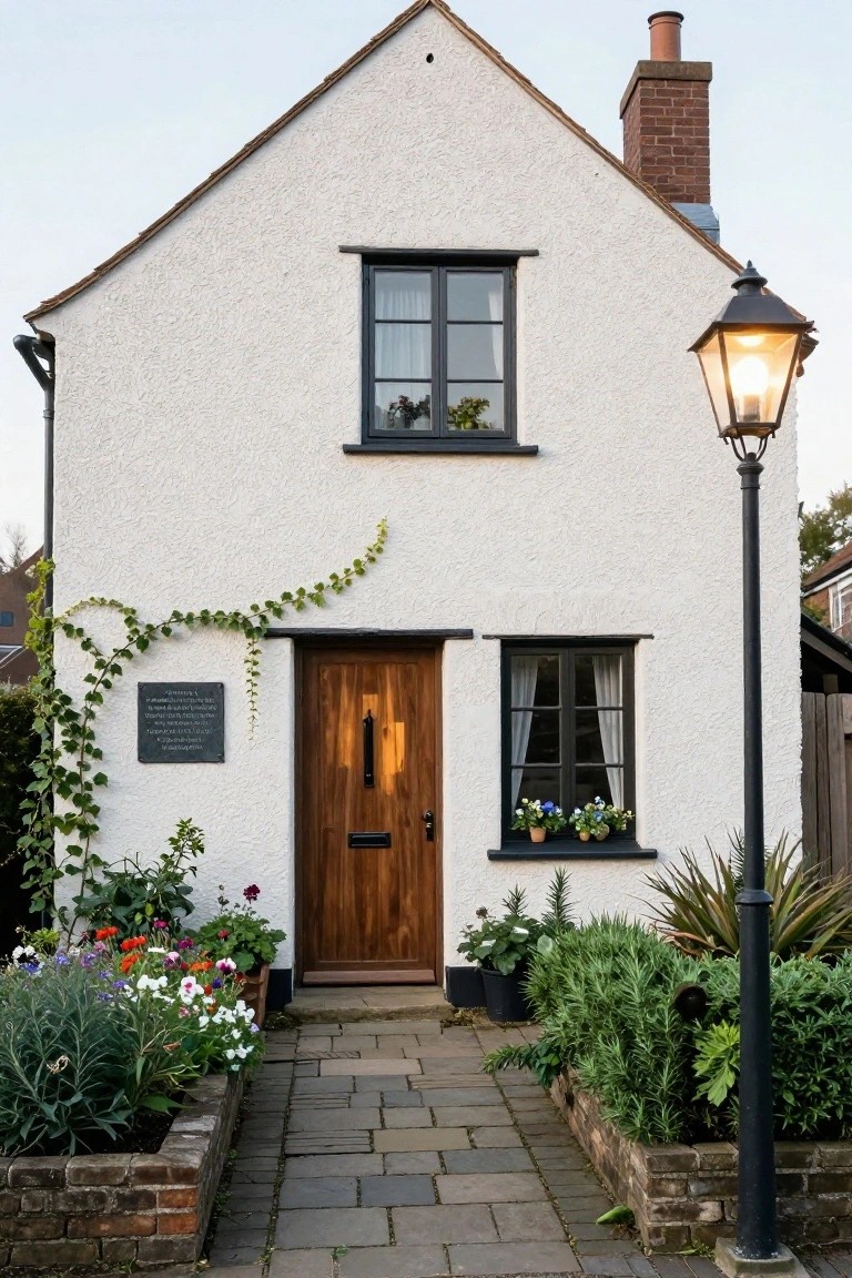 White rendered cottage with gabled roof, black-framed windows, wooden front door, climbing ivy on left wall, raised brick flower beds with colorful plants on both sides of slate path, and black metal lantern post on right.