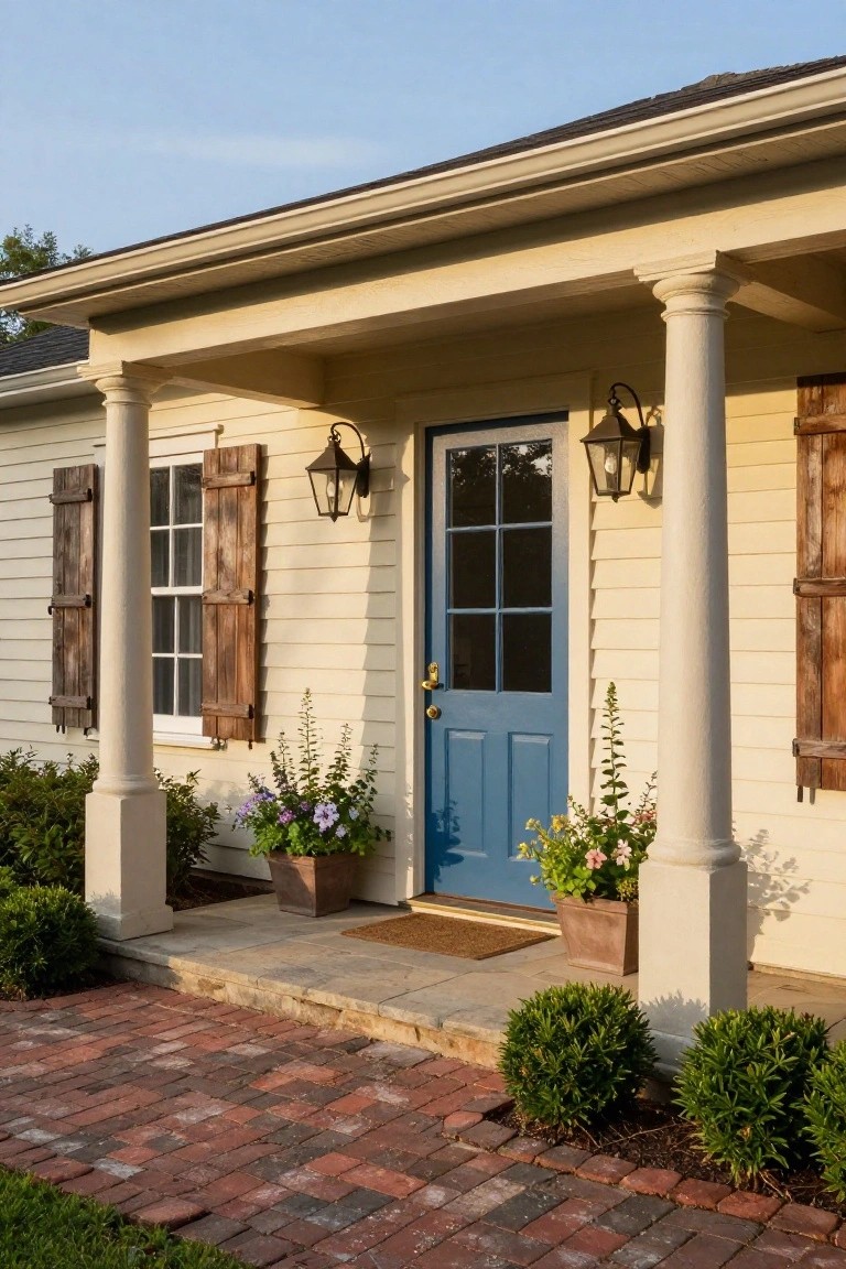 Beige clapboard cottage exterior with wooden shutters on windows, covered porch with white columns and lanterns flanking a blue glass-paneled front door, potted flowers on porch, boxwood shrubs, and brick path leading to steps.