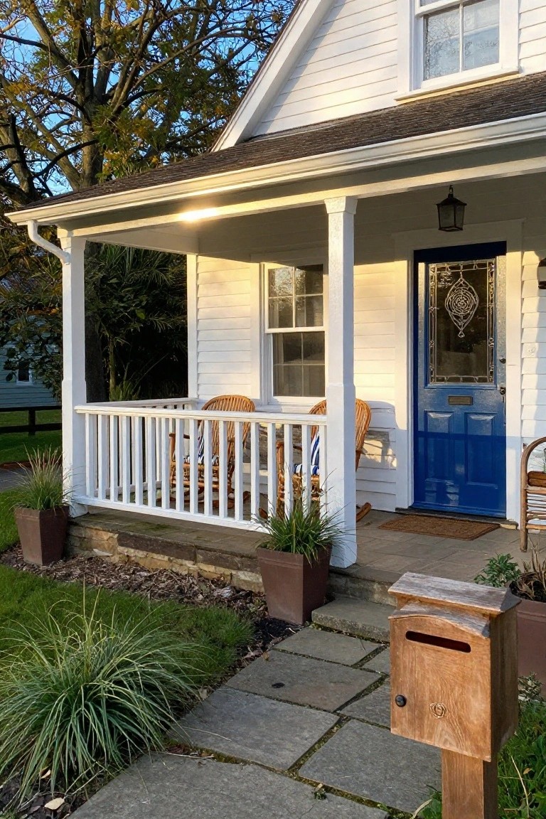 White clapboard house with blue front door featuring stained glass, covered porch with two wicker chairs and pillows, potted grasses, stone walkway, and wooden mailbox on a front yard lawn.
