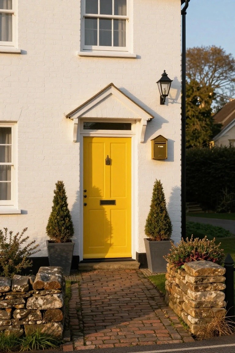 White cottage exterior with yellow front door, flanked by potted topiary trees, black lantern, gold mailbox, brick pathway, and stone walls.
