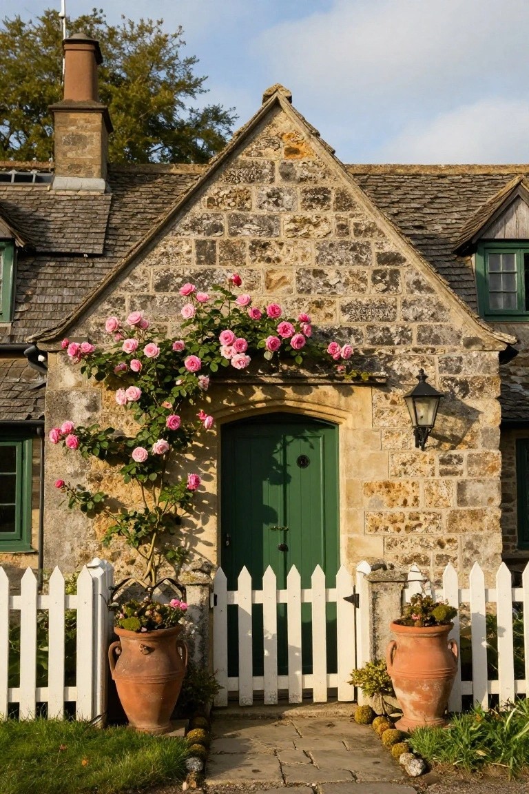 Stone cottage with pink climbing roses covering the walls around a green arched front door, white picket fence, and two large terracotta pots with plants in the front garden.