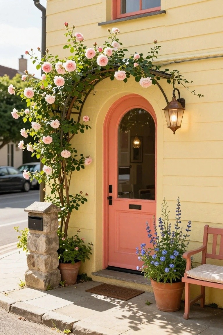 Pale yellow house with horizontal siding, pink arched front door under a metal arch covered in pink climbing roses, blue delphinium in terracotta pot, wooden bench, stone pillar mailbox, and street view.