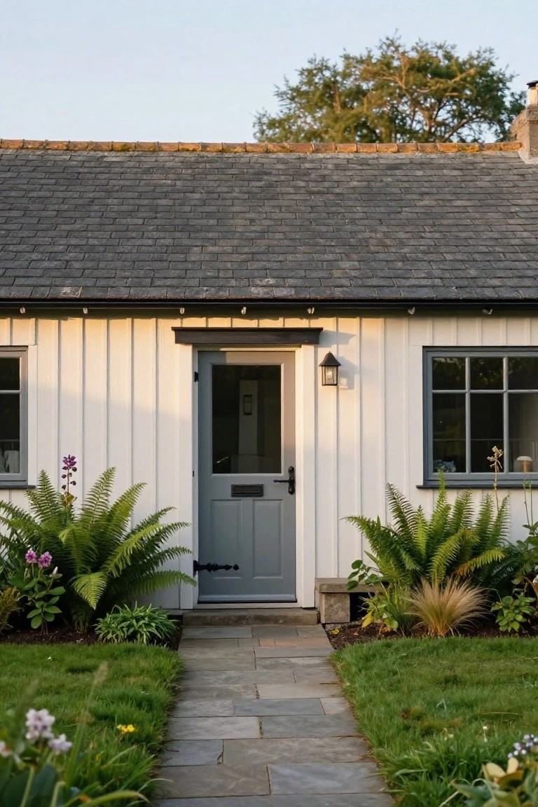 White vertical board cottage exterior with gray front door featuring glass panel and black hardware, black wall lantern, dark gray window frames, slate roof, and border plants along stone path to door.