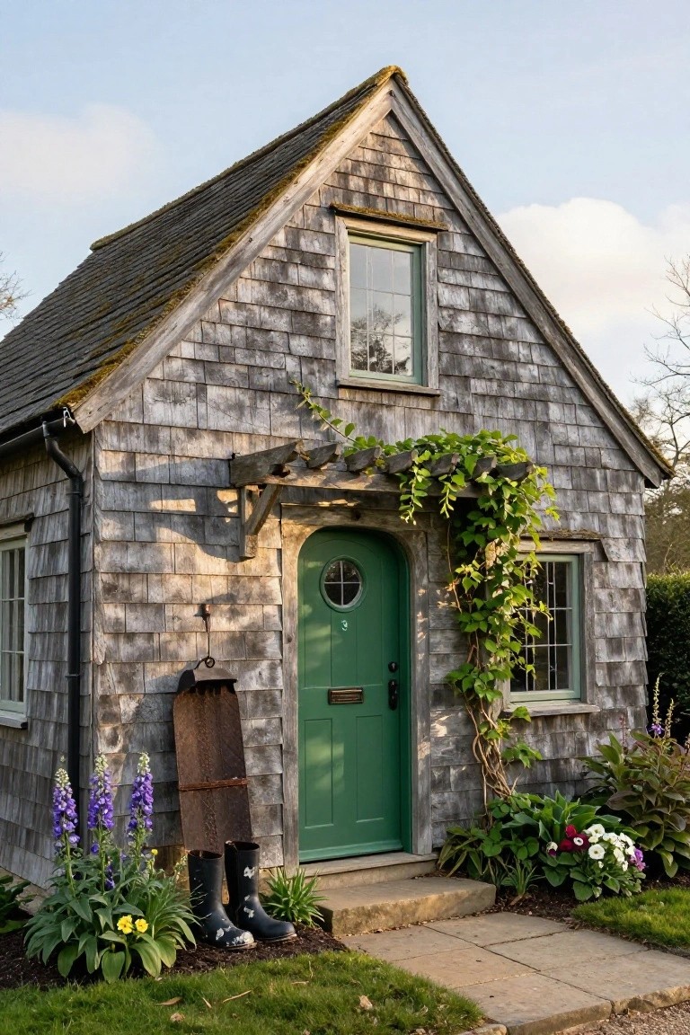 Small gray shingle-clad cottage with mossy roof, green round-topped door numbered 3 under wooden pergola covered in green vines, hanging shovel and black wellington boots beside door, purple delphiniums and white flowers in front bed, stone steps leading to gravel path.