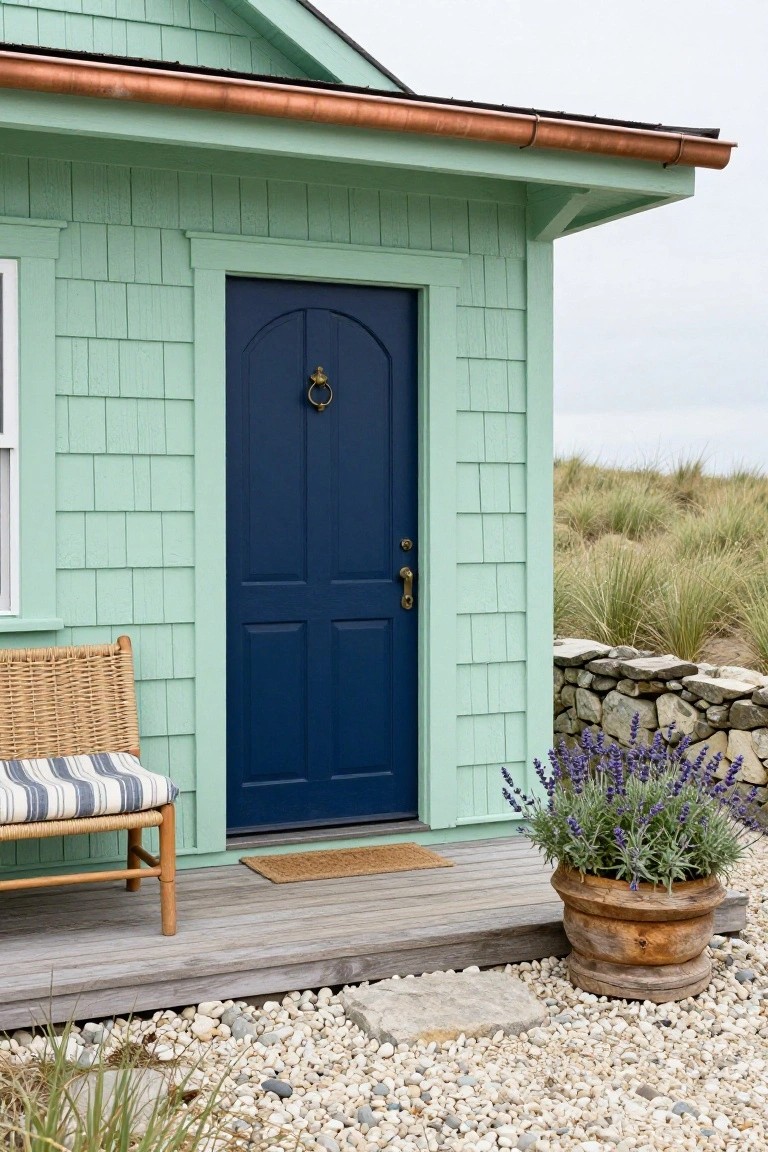 Mint green shingle cottage exterior with dark navy paneled front door featuring brass knocker and knob, small window to the side, wicker chair with striped cushion on wooden porch steps, welcome mat, potted lavender plant, stone wall, white pebble ground, and beach grass nearby.
