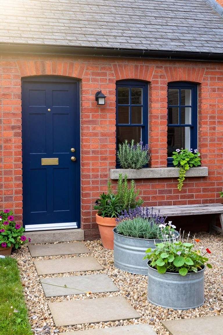 Navy Front Door on Brick Facade