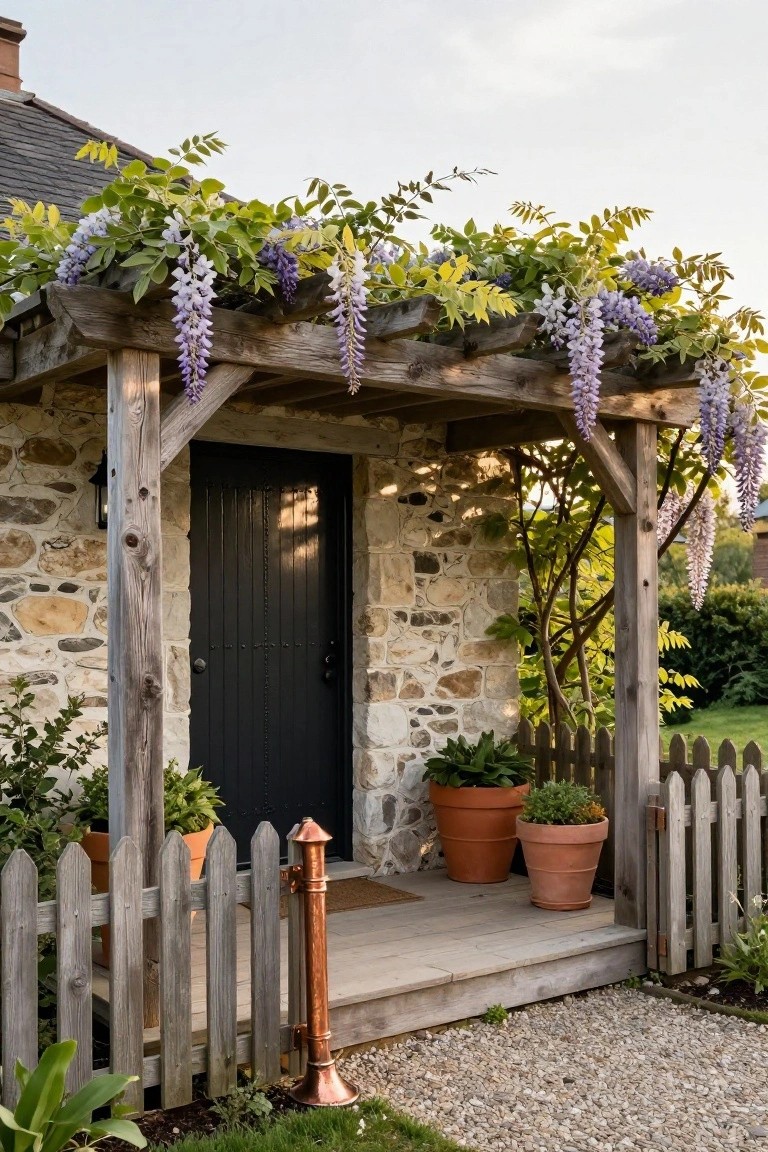 Stone cottage with dark paneled front door under wooden pergola covered in purple wisteria vines and flowers, flanked by potted plants, picket fence, and gravel path.