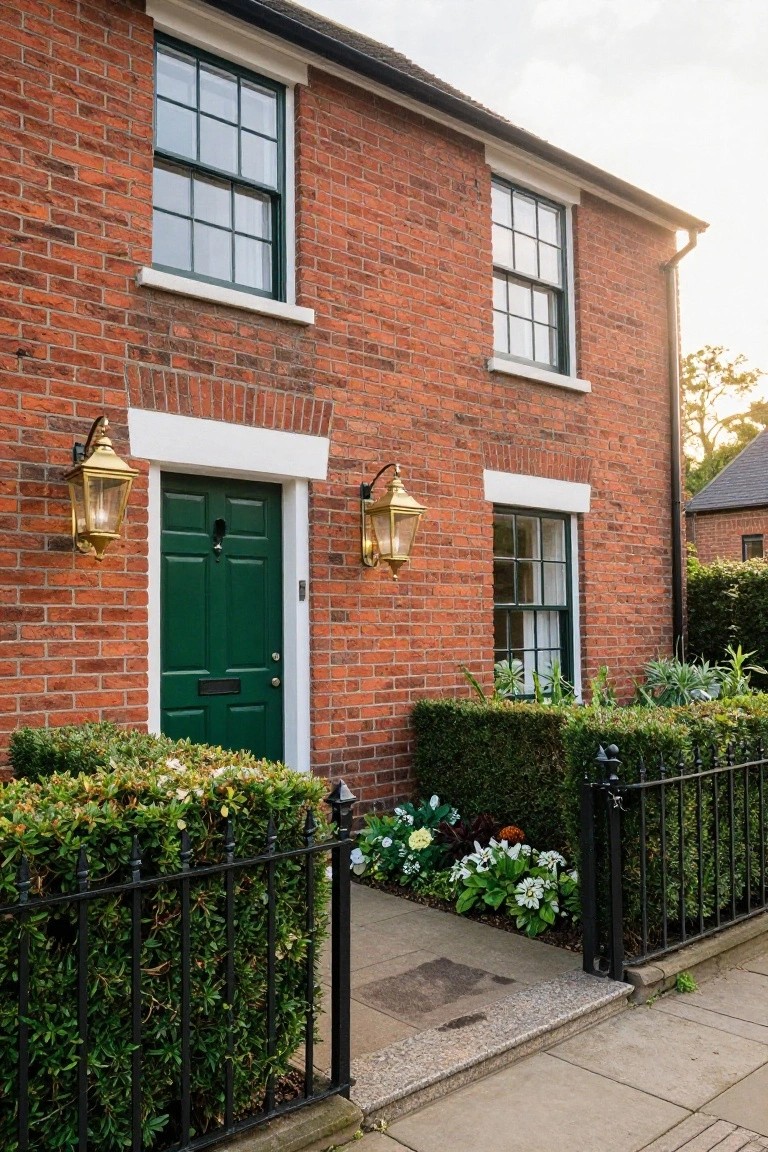 Red brick two-story house with green paneled front door flanked by brass lanterns, boxwood hedges, flower beds, and black iron fence along concrete path.