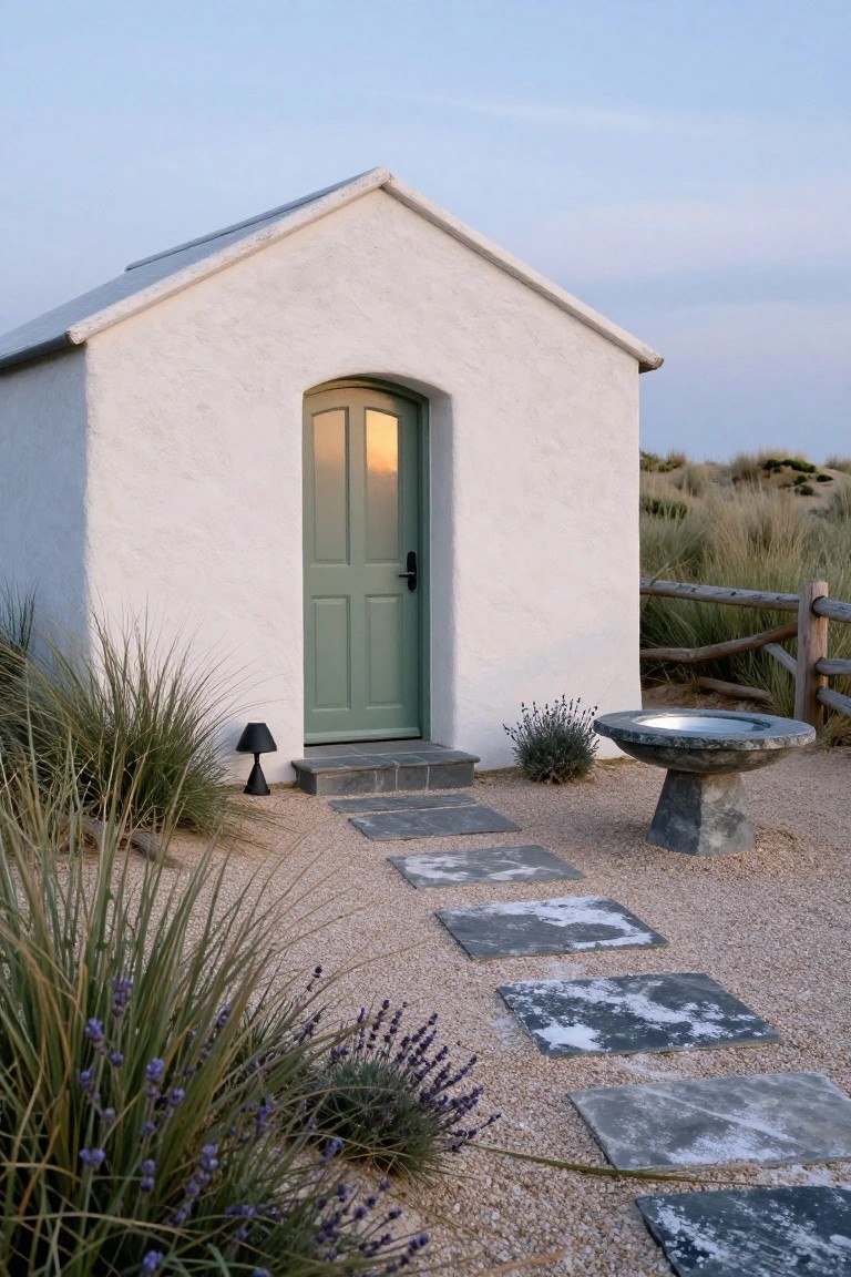 Small white stucco cottage with arched sage green door, black lantern light beside steps, stone slab pathway over gravel, surrounded by dune grasses, lavender, split-rail fence, and stone birdbath.