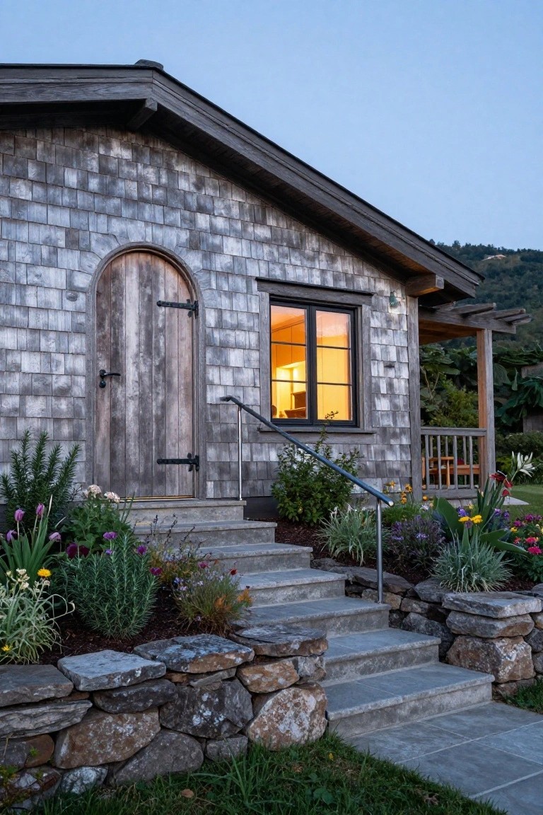 Shingle-clad cottage exterior with arched wooden entry door, adjacent window with interior light, concrete steps flanked by stone retaining walls and colorful garden plantings, wooden porch railing, and hillside background at dusk.