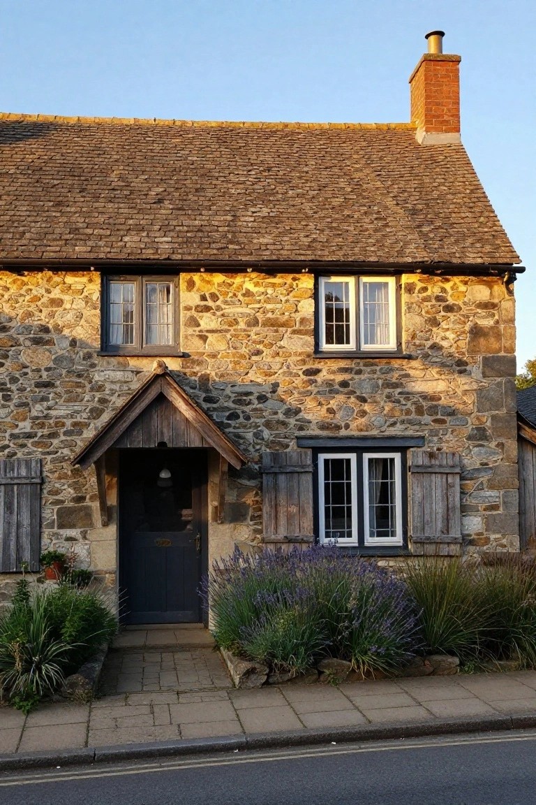 Stone cottage with slate roof, wooden gabled porch canopy over dark front door, lavender plants and grasses along the paved entry path, brick chimney, and adjacent buildings.