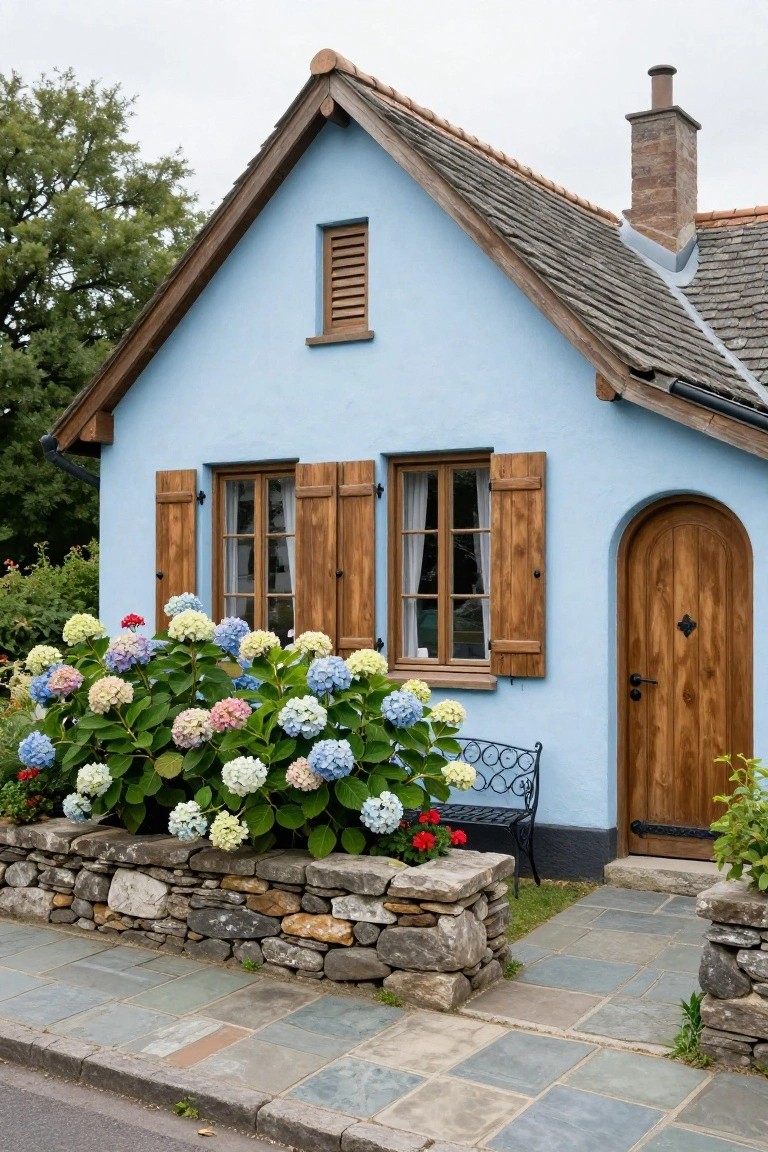 Light blue stucco cottage with brown wooden shutters on windows, open shutters on double window, arched wooden front door, overflowing hydrangea bushes in stone wall border, wrought iron bench, and slate tile pathway.
