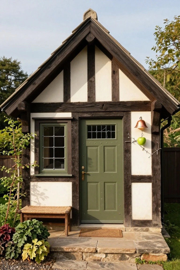 Small cottage exterior with dark timber framing on white walls, green paneled front door with leaded glass window, copper bell and apple decoration beside door, wooden bench, plants, and stone steps.
