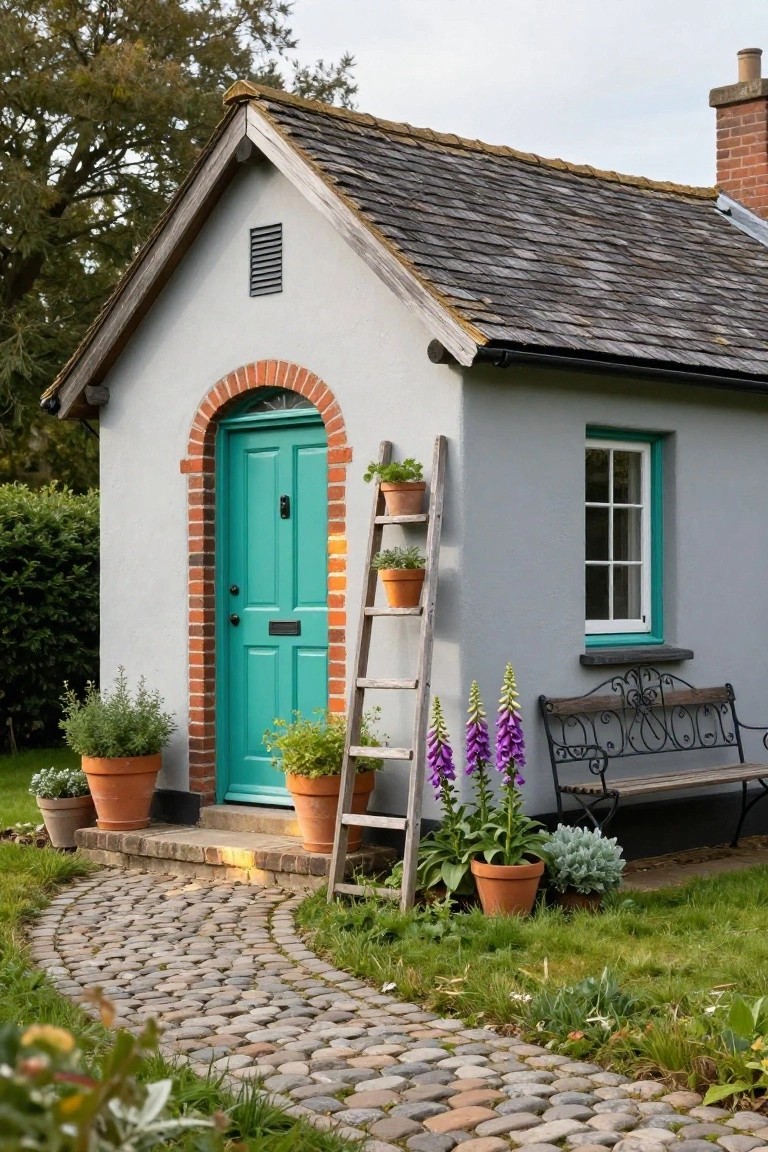 Small gray cottage shed with arched turquoise front door framed in brick, leaning wooden ladder holding potted plants, foxglove flowers, bench, and curved cobblestone path in front garden.