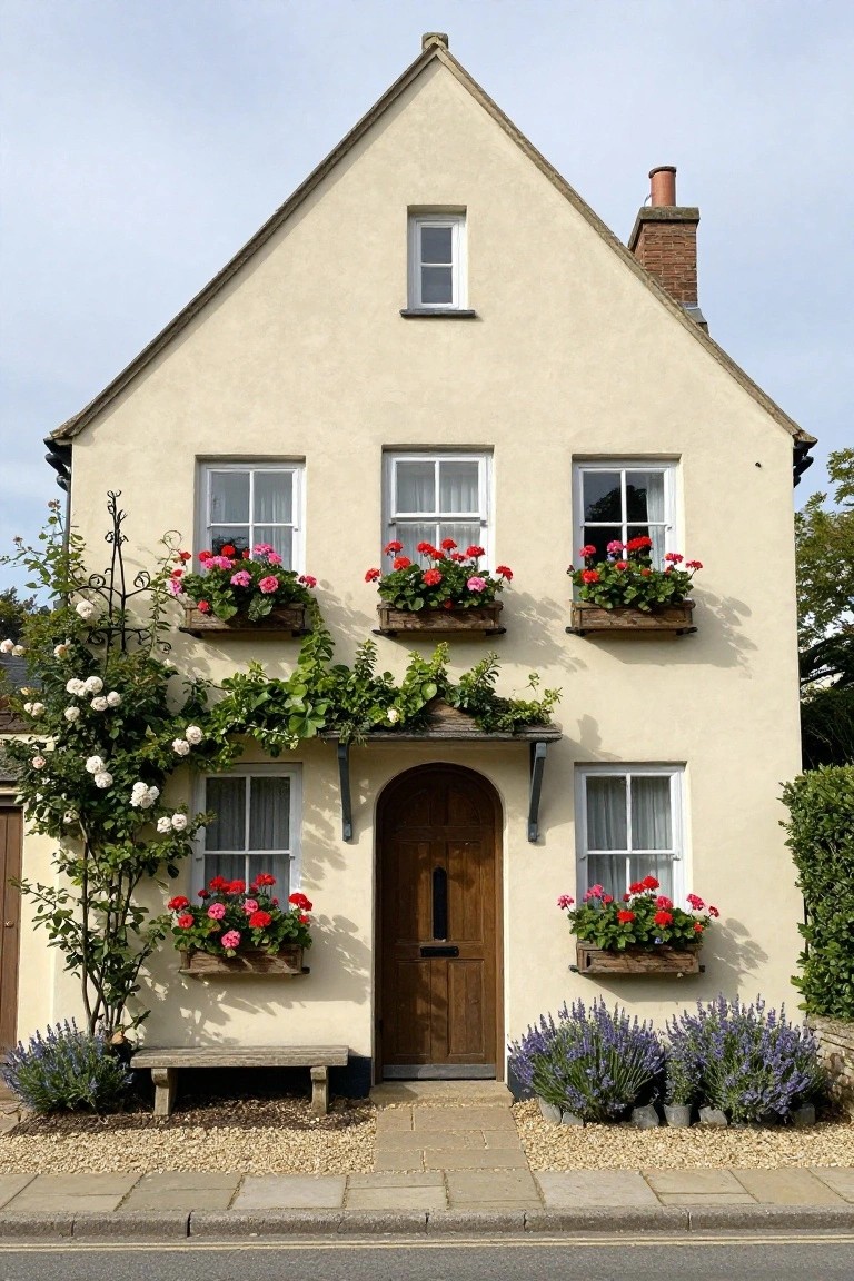A two-story beige stucco cottage with steep gabled roof, multiple windows with wooden flower boxes overflowing with red geraniums, climbing roses and greenery on the left facade, arched wooden front door, lavender shrubs at the base, gravel path, and bench in front.