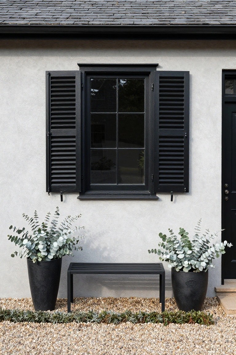 Beige stucco house exterior with black-framed six-pane window flanked by open black louvered shutters, black front door to the right, two large black pots of eucalyptus leaves on either side of a slim black metal bench, gravel ground and low green edging plants.