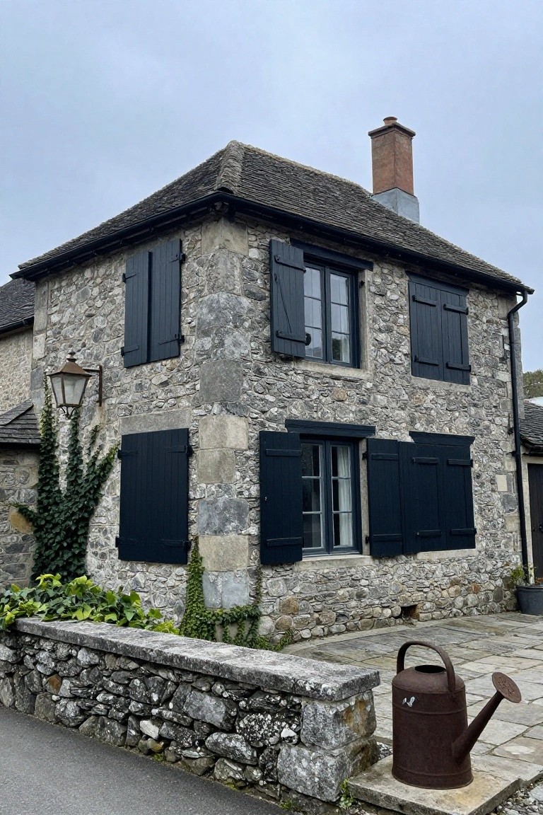 Two-story stone cottage with black louvered shutters on windows, ivy climbing walls, wall-mounted lantern, stone retaining wall with plants, and rusty metal watering can on pavement.