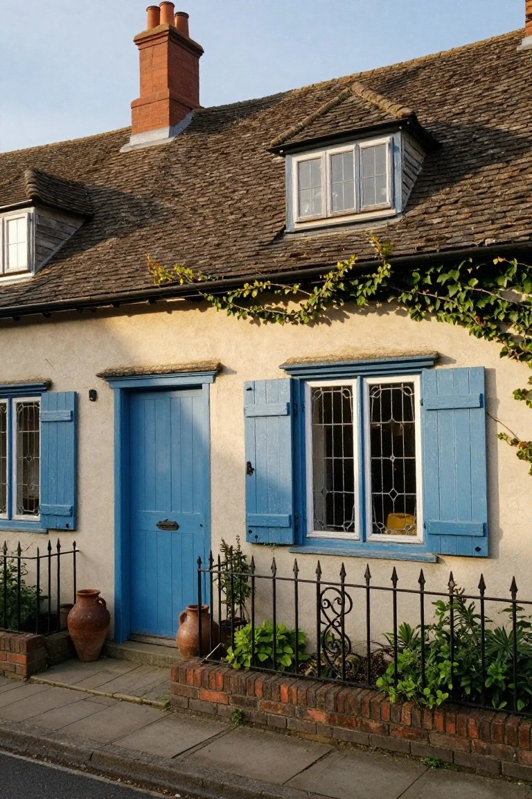 Cream stucco cottage exterior with blue wooden shutters on leaded glass windows, blue front door, climbing ivy on walls, terracotta pots on brick edging, and black wrought iron fence along pavement.