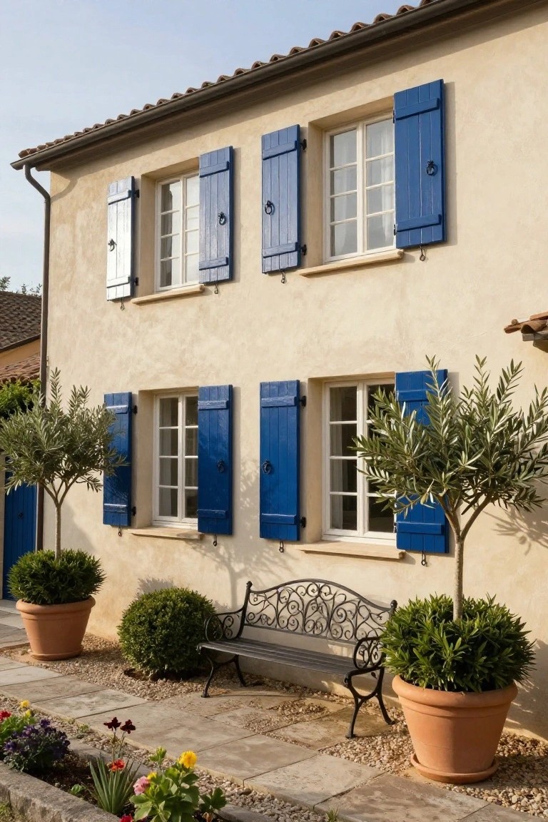 Beige stucco house facade with navy blue wooden shutters on white-framed windows, terracotta tile roof, potted olive trees, boxwood shrubs, wrought iron bench, and flower beds along a stone path.