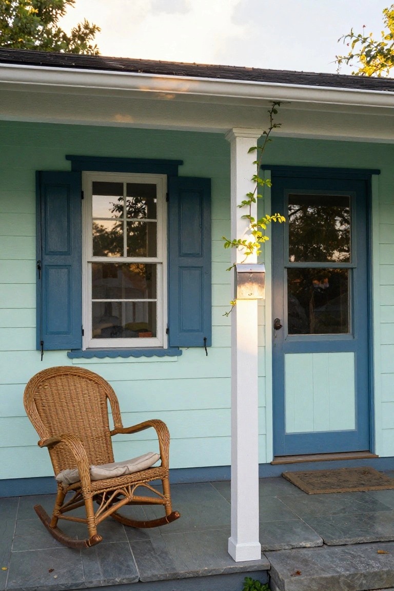 Mint green house exterior with navy blue shutters framing a window and door, white porch column wrapped in vine, metal mailbox, and wicker rocking chair on slate porch floor.