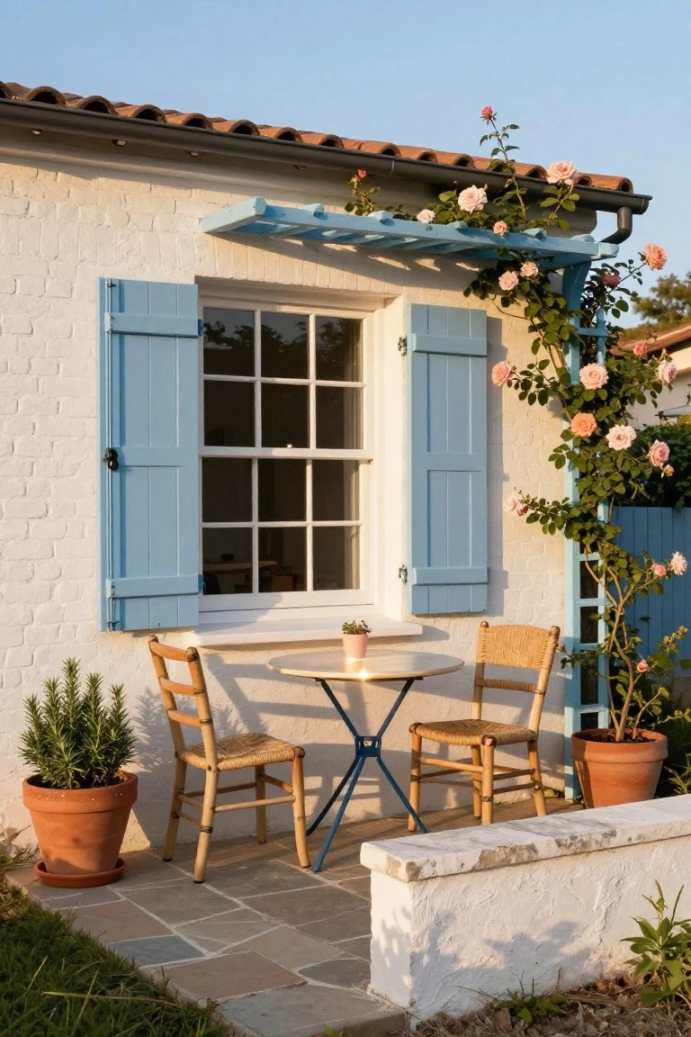 White stucco house wall with blue shutters open on a multi-pane window, pink climbing roses on blue wooden trellis above, small round metal table with two woven chairs on stone patio, potted rosemary and other plants beside.