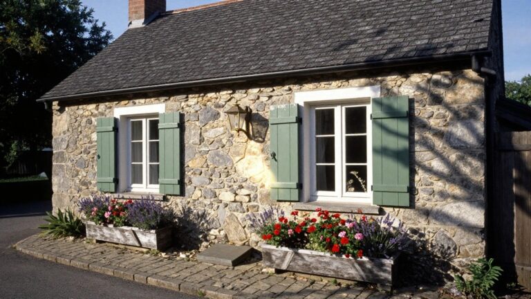 13 Cottage Exterior Shutter Ideas That Frame Windows Beautifully Stone cottage wall with a white-framed divided-light window flanked by open green wooden shutters, a brass wall lantern beside it, and a weathered wooden window box below filled with lavender, pink flowers, and greenery, next to a stone path.