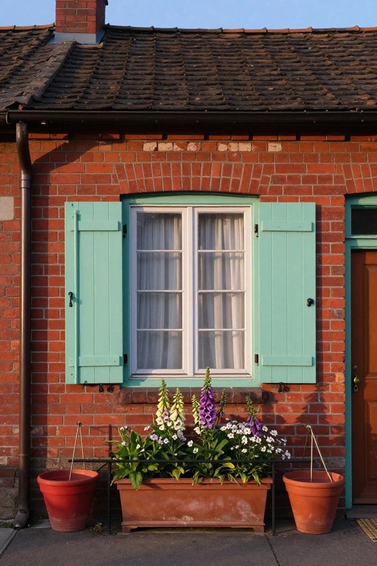Red brick cottage wall with open mint green wooden shutters framing a double casement window with white curtains, foxglove flowers in a rectangular planter below, flanked by two terracotta pots on a paved area next to a wooden door.