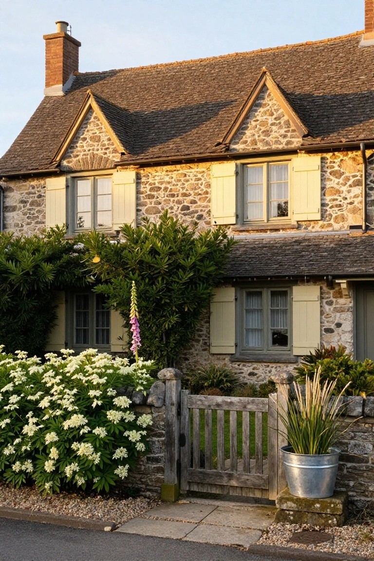 Stone cottage exterior with pale yellow shutters on multi-pane windows, surrounded by green shrubs, white flowering plants, a wooden gate, and potted grasses along a gravel path.