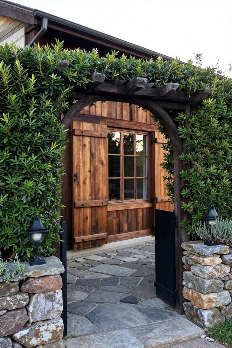 Wooden arched pergola covered in green foliage frames a rustic wooden gate and adjacent multipaned window with open board-and-batten shutters, flanked by stone pillars with lanterns and a stone pathway.