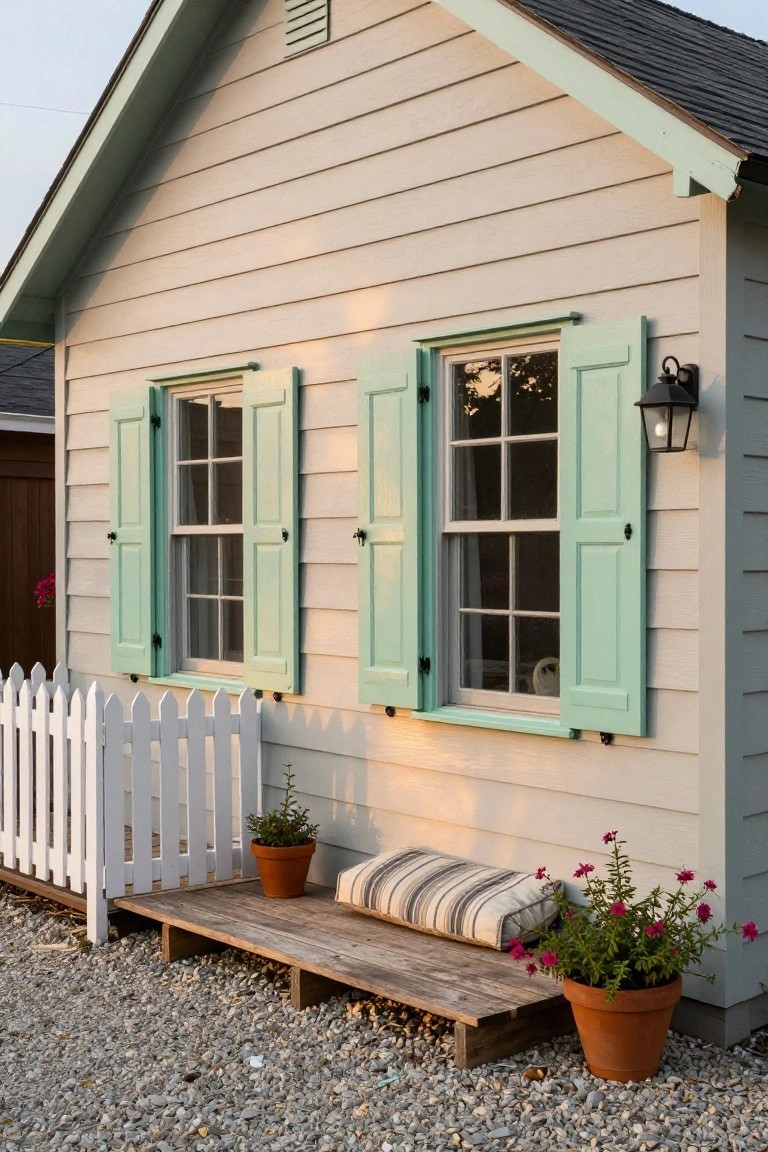 Small cottage with light beige clapboard siding, open mint green louvered shutters flanking two six-over-six windows, wall lantern, white picket fence, potted plants, and wooden bench with striped cushion on gravel ground.