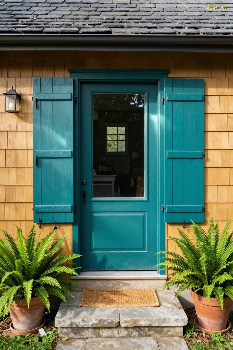 Close-up of a turquoise front door with turquoise louvered shutters on both sides against yellow shingled siding, flanked by large potted ferns on stone entry steps with a woven mat.