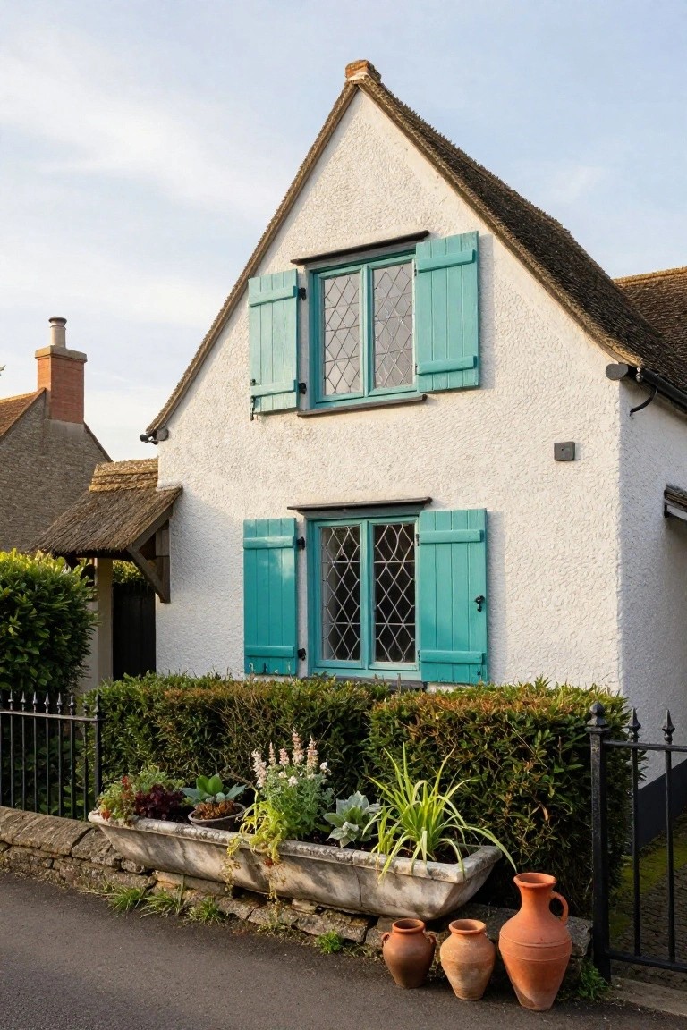 White rendered cottage with turquoise shutters on multipaned leaded windows, thatched roof, boxwood hedge, stone trough planter with greenery, and terracotta pots beside a black iron fence.