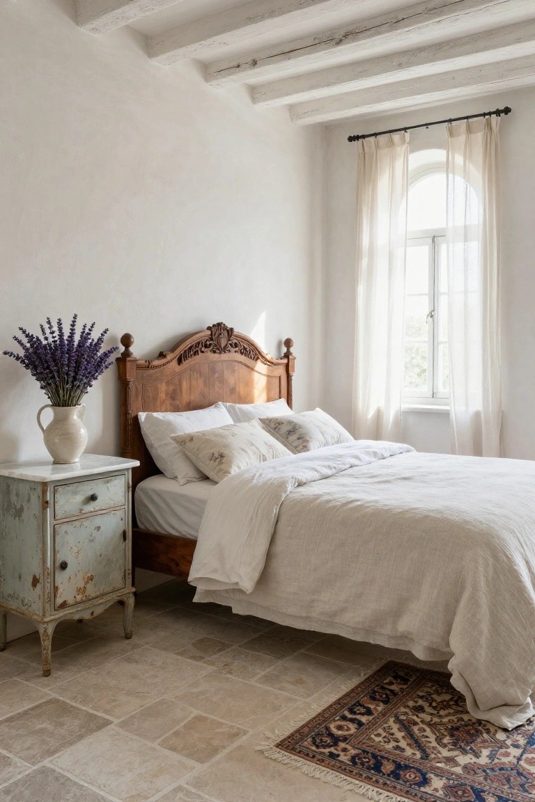 Cozy bedroom with carved wooden bed frame and headboard, white linens, distressed turquoise nightstand holding lavender bouquet in white pitcher, exposed whitewashed beams, arched window with sheer curtains, terracotta tile floor, and patterned rug.