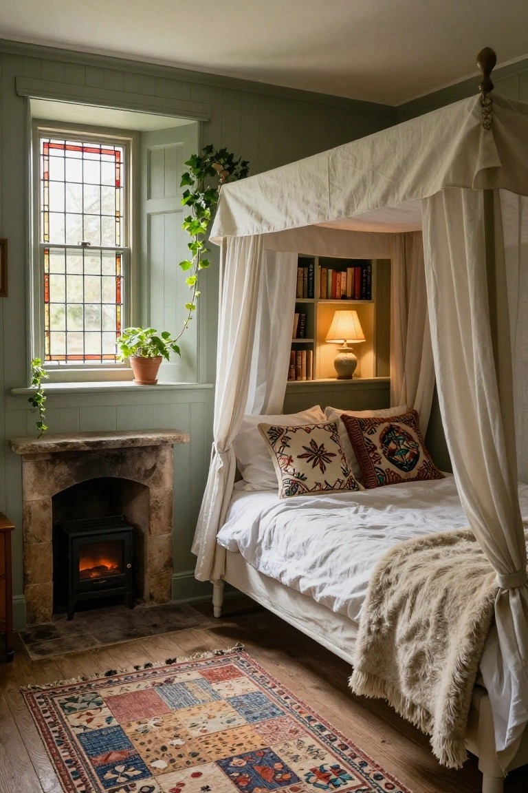 Cozy bedroom interior with pale green paneled walls, a white four-poster canopy bed with fur throw and patterned pillows, built-in bookshelves with lamp beside the bed, stone fireplace, stained glass window, ivy plants, and patterned rug on wooden floor.