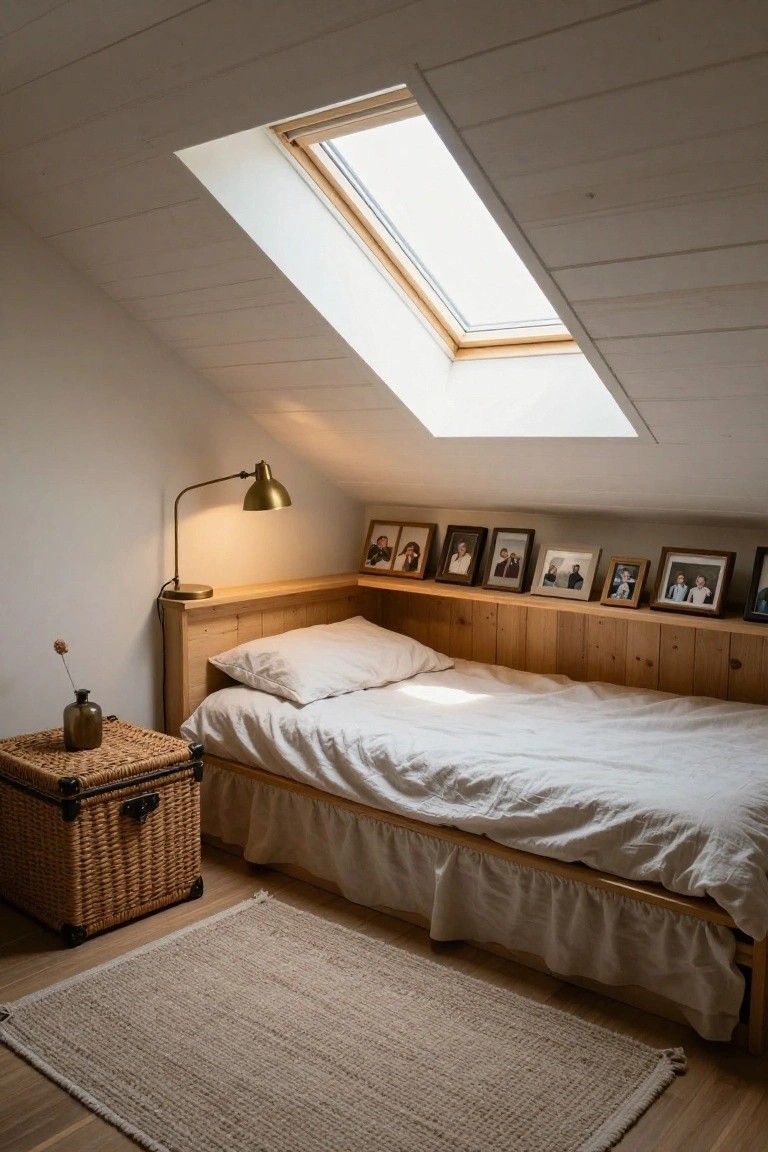 Attic bedroom with sloped white ceilings, skylight, wooden built-in bed platform with shelves holding framed photos, brass arc lamp, glass vase on wicker side table, and seagrass rug on oak floors.