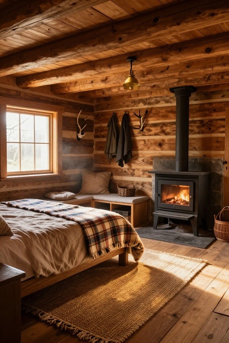Log cabin bedroom interior with wooden walls and ceiling, a black wood-burning stove by the bed covered in plaid and linen bedding, deer antlers and jacket on wall, and window letting in light.