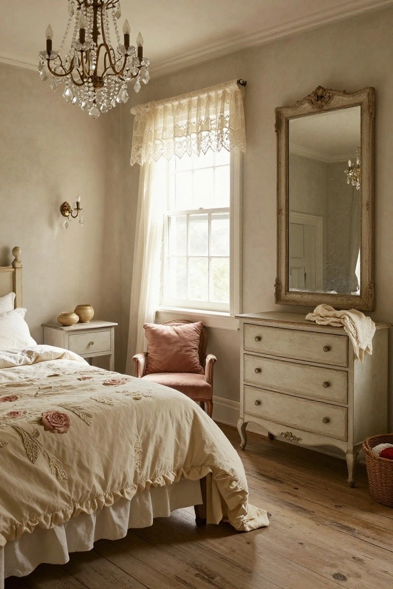 A bedroom interior with a white bed draped in floral quilt, antique-style white dresser with folded linens, large ornate mirror, pink upholstered chair, lace curtains on window, crystal chandelier, side table with pottery, wooden floors, and beige walls.