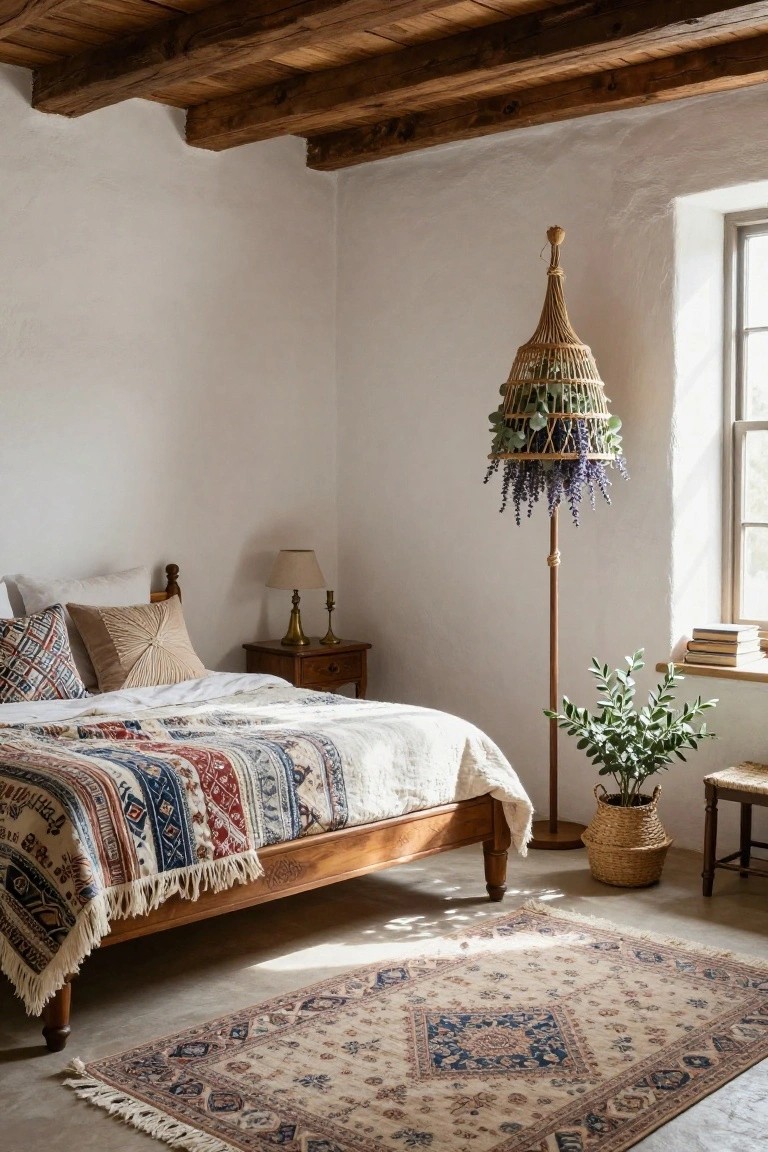 Bedroom with dark exposed wooden ceiling beams, white plaster walls, wooden bed with colorful layered bedding, tall woven floor lamp with lavender and eucalyptus plants hanging from it, table lamp on nightstand, potted plant by window, and woven chair.